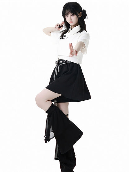 White/Gray Leather Buckles Cheongsam Style Short Sleeves Cropped Shirt with Tie