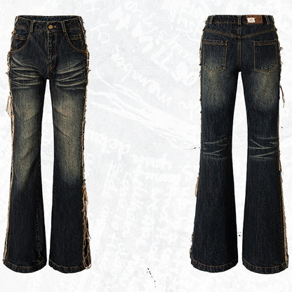 Dark Blue Wasteland Punk Raw Hem Lace-up Detail Fishtail Jeans