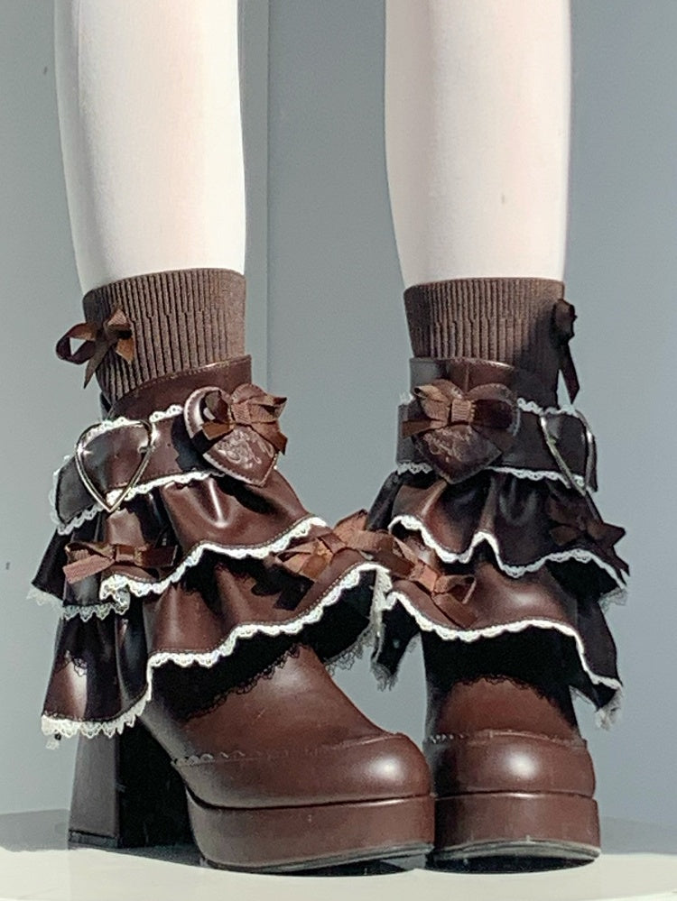 Brown Sweet Lolita Boots in PU - Layered Skirt-like Frills & Romantic Heart Clasp