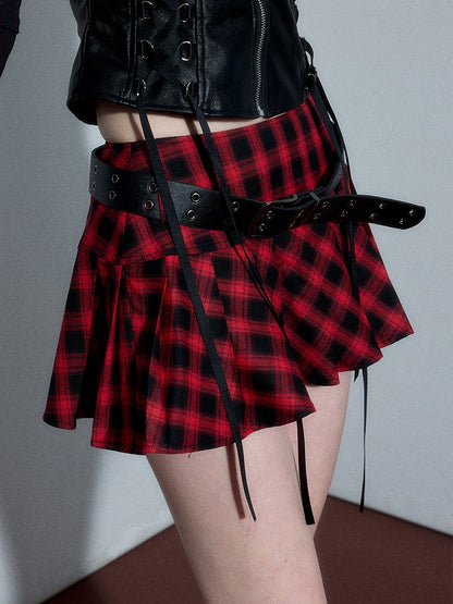 Punk Rock Red and Black Plaid Pleated Skirt with Free Waist Belt