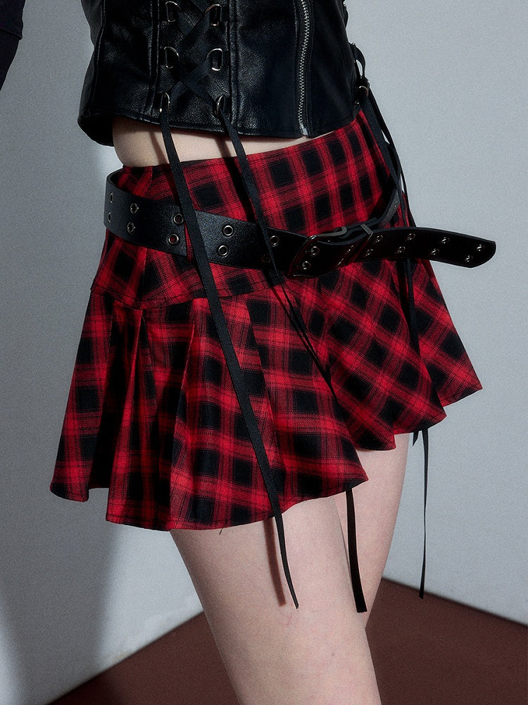 Punk Rock Red and Black Plaid Pleated Skirt with Free Waist Belt