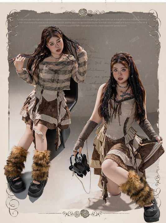 Plus Size Basque Waist Cascading Ruffles Distressed Holes Wasteland Punk Brown Cami Dress