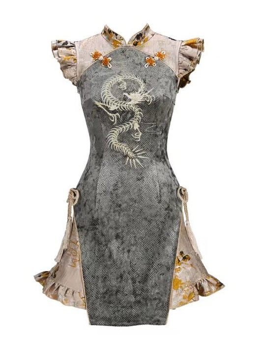 Summer New Arrival Dragon Embroidery Goth Qipao Dress Dusty Green and Yellow