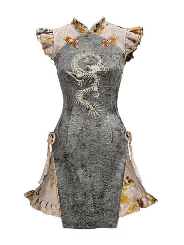 Summer New Arrival Dragon Embroidery Goth Qipao Dress Dusty Green and Yellow