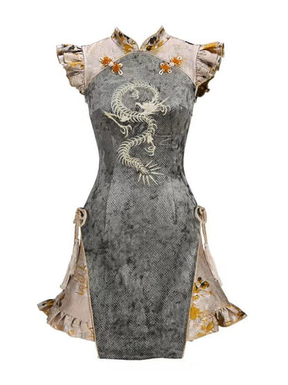 Summer New Arrival Dragon Embroidery Goth Qipao Dress Dusty Green and Yellow