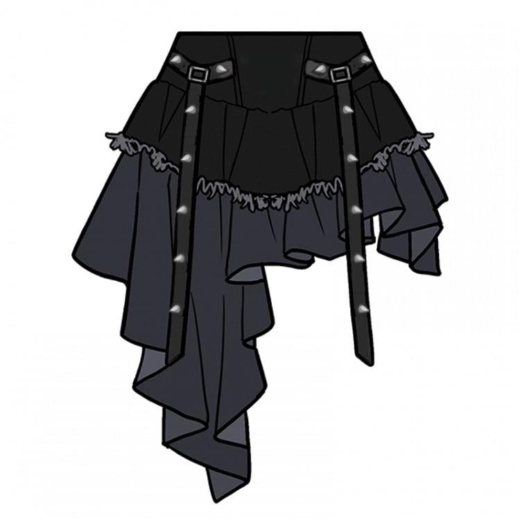 Plus Size PU Straps Decorated Y2K Black Asymmetrical Tiered Skirt