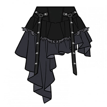 Plus Size PU Straps Decorated Y2K Black Asymmetrical Tiered Skirt