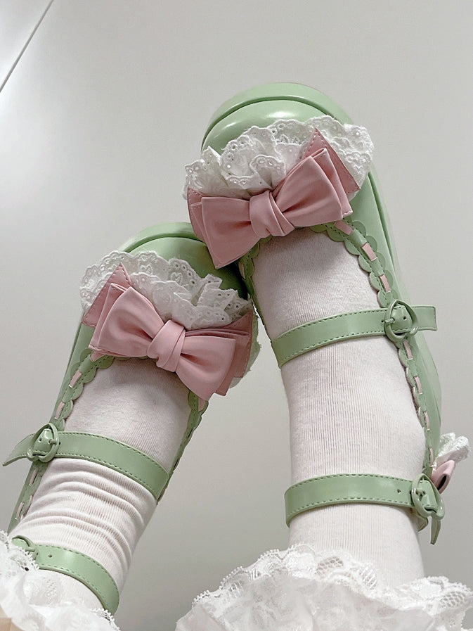 Apple Green Bow at Top Lace Trim Heart Buckles Platforms
