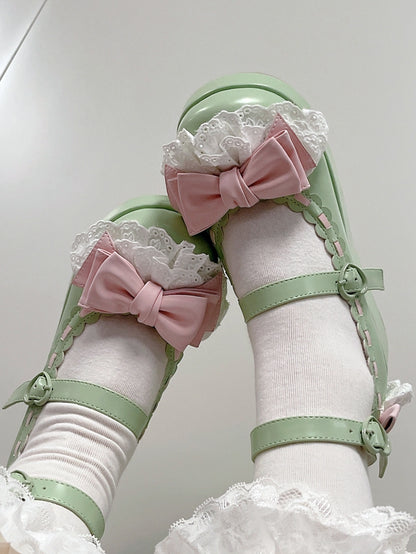 Apple Green Bow at Top Lace Trim Heart Buckles Platforms