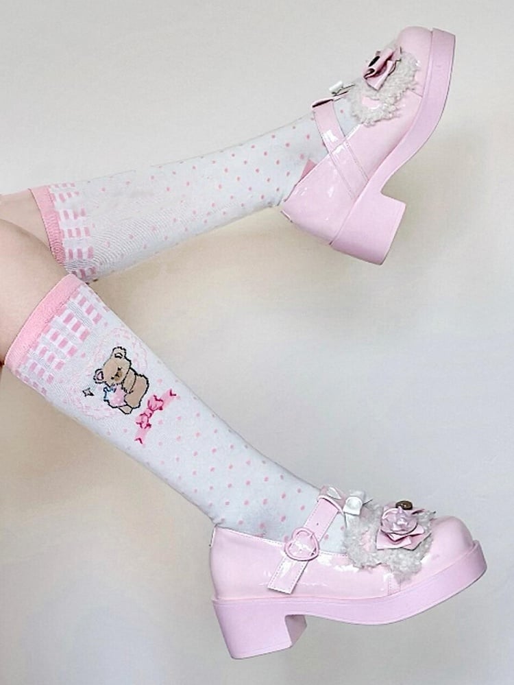 Pink Bear Hug Strawberry Print Bowknot Polka-dot Pattern Lolita Calf Socks