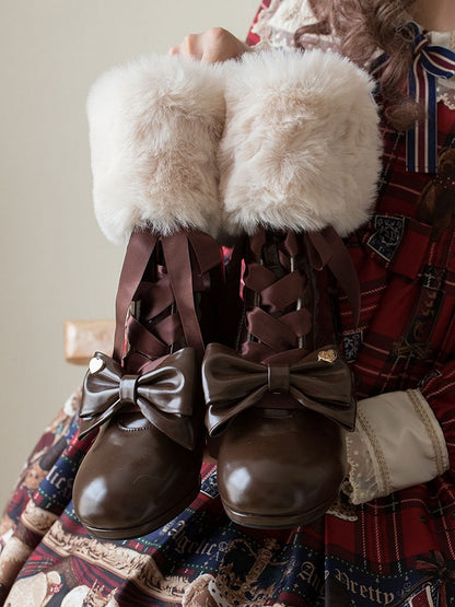 Brown Mid-calf Boots for Lolita - Mid-heel with Removable Bow & Interchangeable Plush Cuff