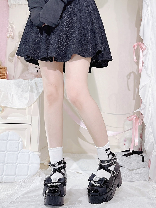 Jirai Kei Polished Black Beaded And Rhinestone Decorated Bow at Top Platform High Block Heels