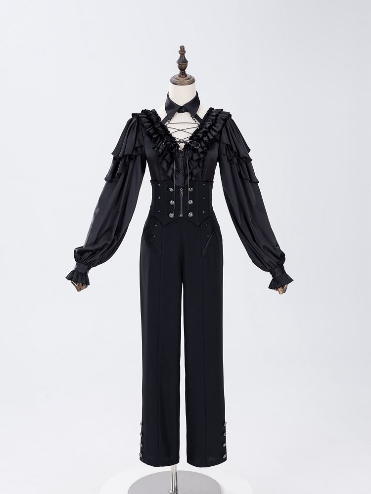 All Black Lace-up Ruffled V-neck Long Sleeves Backless Shirt