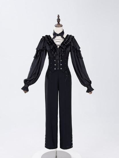 All Black Lace-up Ruffled V-neck Long Sleeves Backless Shirt