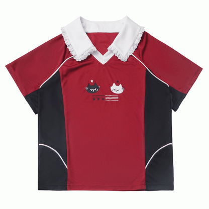 Red and Black Colorblock Pointed Flat Collar Cute Kitten Print Blokette Core T-shirt