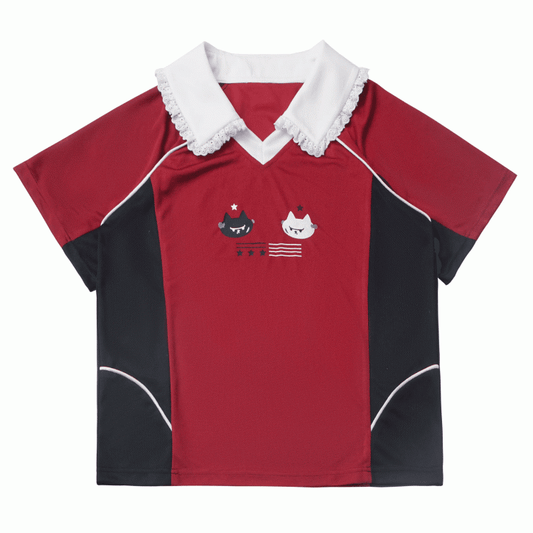 Red and Black Colorblock Pointed Flat Collar Cute Kitten Print Blokette Core T-shirt