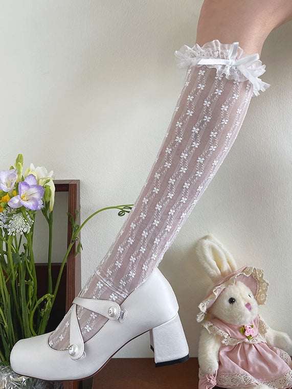 White/Beige/Black Floral Lace Trim Lolita Under-Knee Stockings