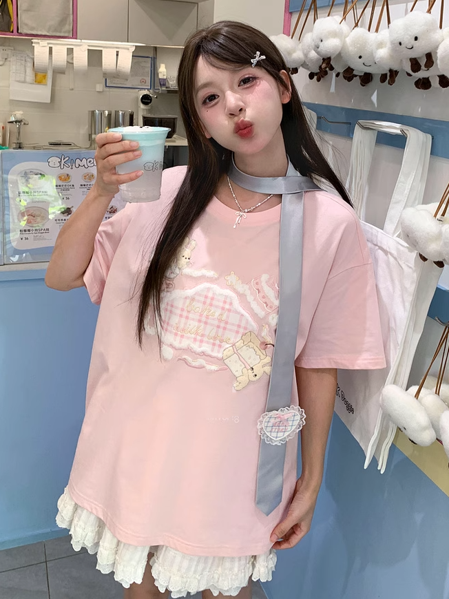 Adorable Bunny Embroidery Pink Round Neck Loose T-shirt