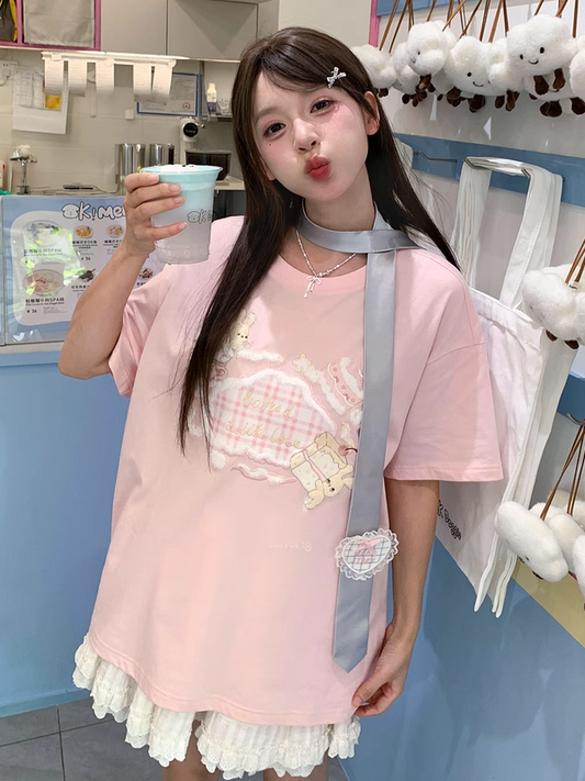 Adorable Bunny Embroidery Pink Round Neck Loose T-shirt