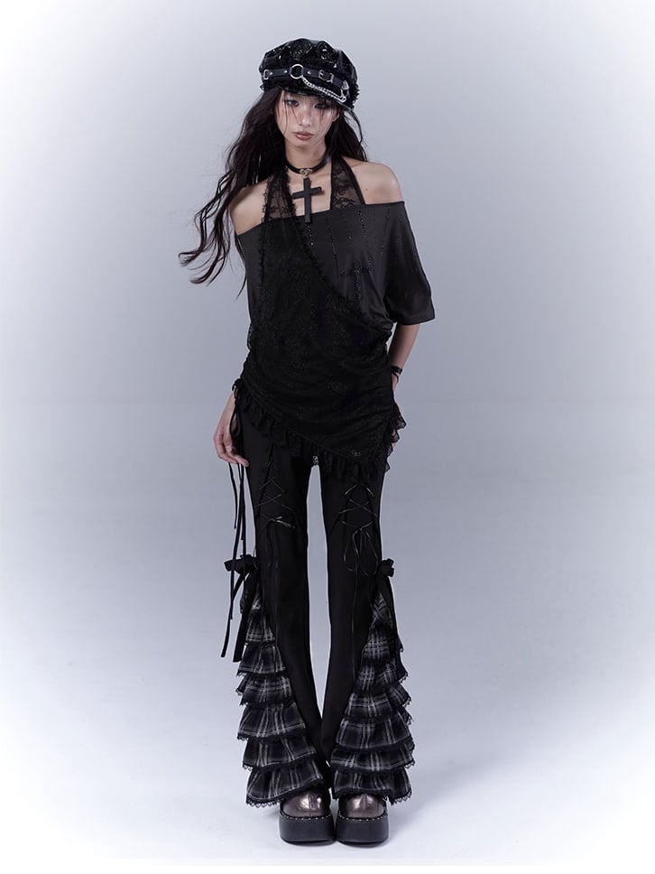 Black Cross Rhinestone Curved Hem Halter Neck T-shirt