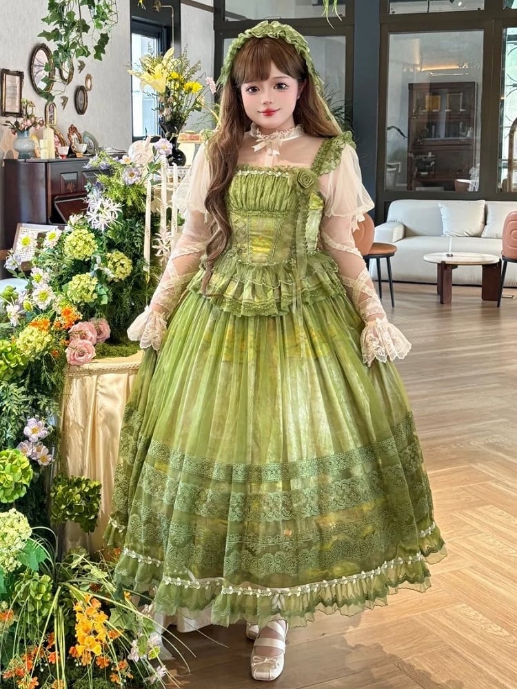 Green Classic Lolita Boned Basque Waist Top + Oil Painting Print Overlay Skirt