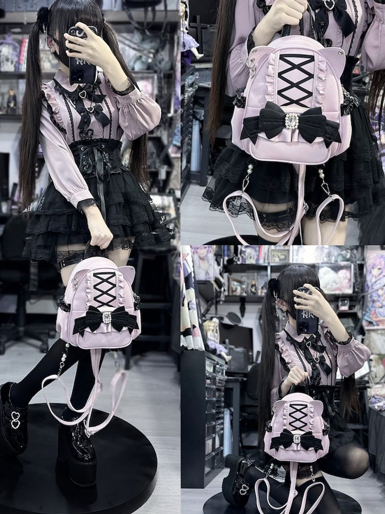Jirai Kei Black&Pink Cat Ear Backpack With Beaded and Rhinestone Bow