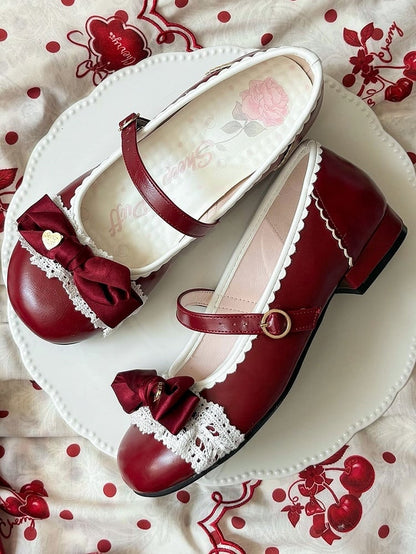 Romantic Heart Bow, Lace Trim & Scalloped Trim Details Red Low-heel Shoes in Classic Lolita