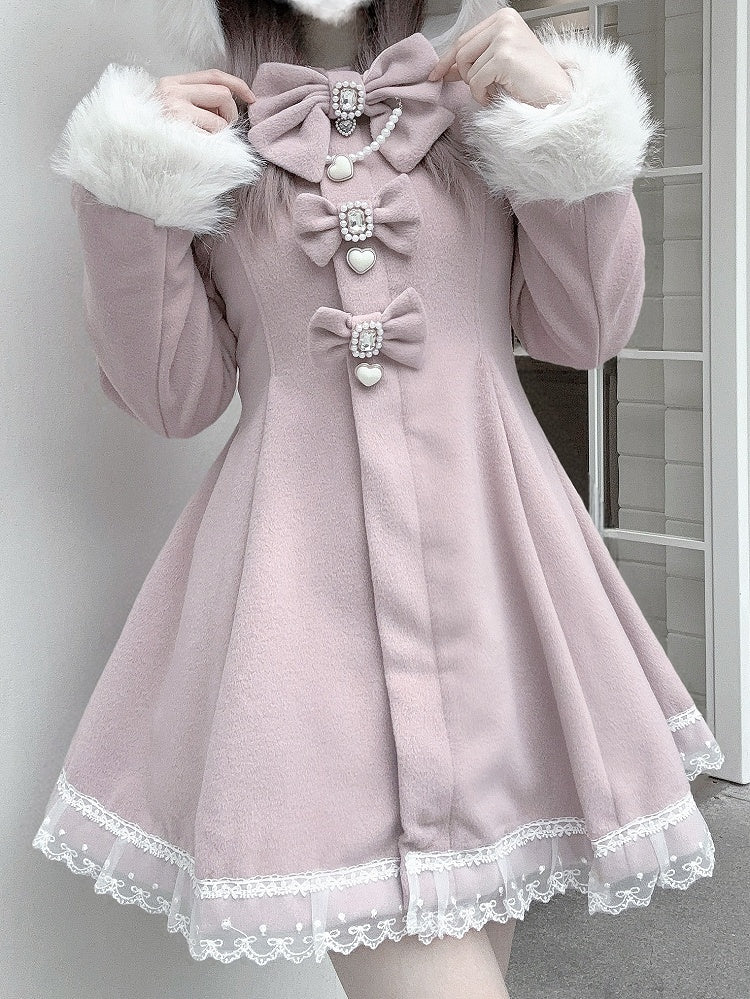 Jirai Kei Pink A-Line Waisted Coat | Detachable Plush Bunny Ear Hood & Bowknots