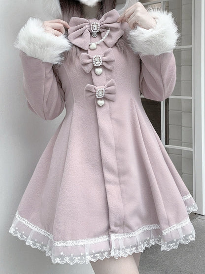 Jirai Kei Pink A-Line Waisted Coat | Detachable Plush Bunny Ear Hood & Bowknots