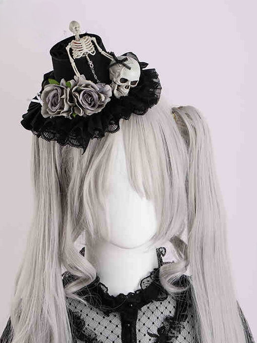 Black Floral Design Gothic Halloween Skeleton Mini Hat