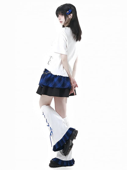 Blue Plaid Hem Lace-up Detail White Leg Warmers