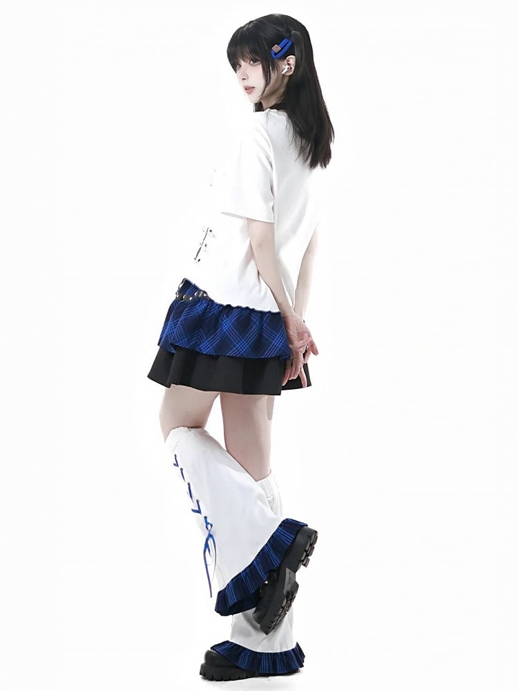 Black and Blue Plaid Star Stud Details Tiered Skirt