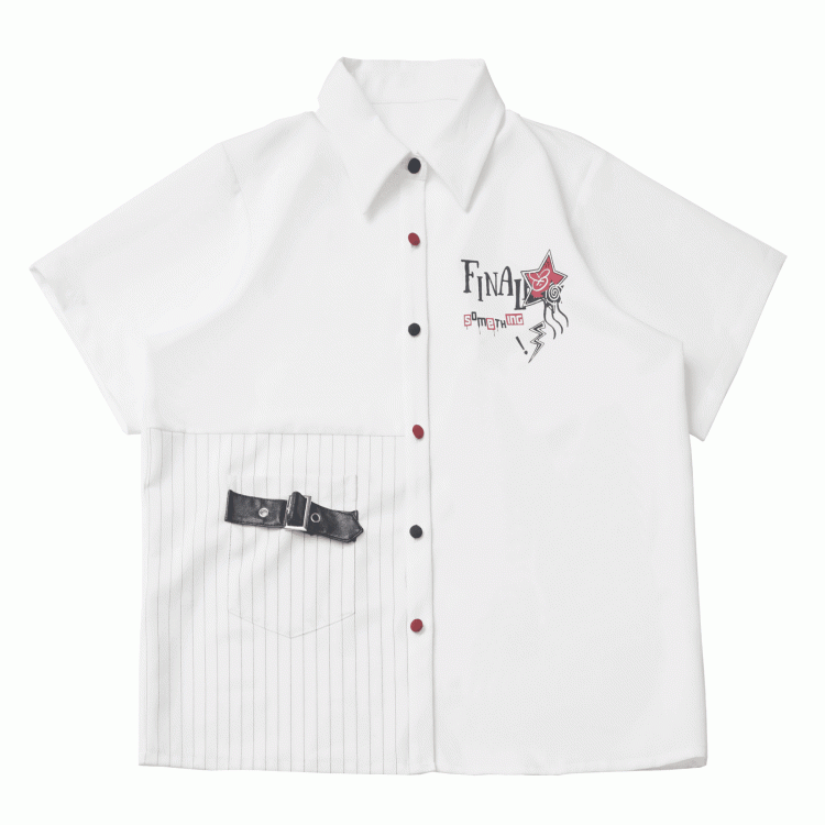 Contrast Red and Black Buttons Leather Buckle Strap White Short Sleeves Shirt Long/Short Version