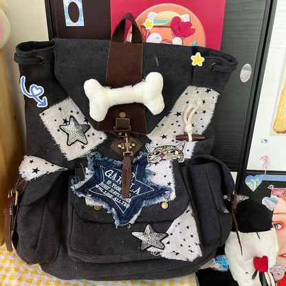 Black and white Washed Canvas Drawstring Backpack with Distressed Star Patches