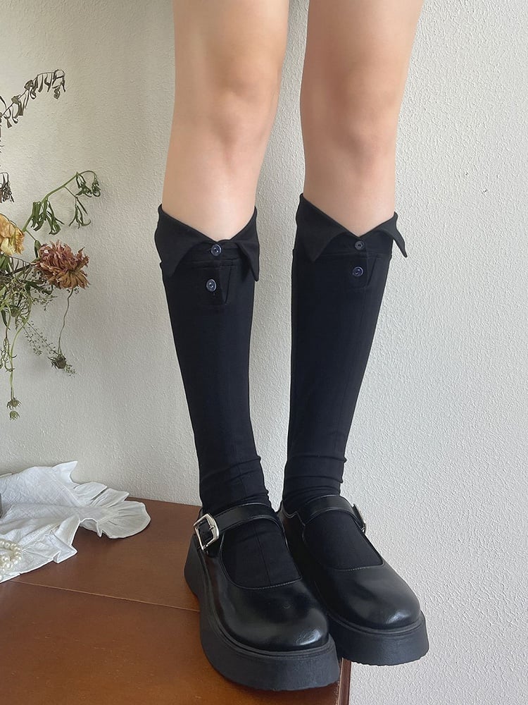 Black/White/Gray Underknee Stockings With Button Decoration