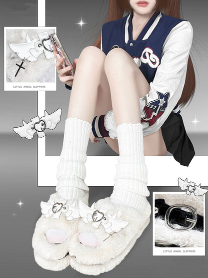 Cross Wings Decorated White Plush Platform Slippers Punk Winter Shoes