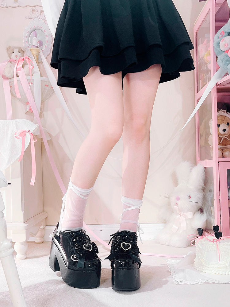 Jirai Kei Polished Black Lace Trim Heart Bow Platform High Block Heels with Beaded Chain