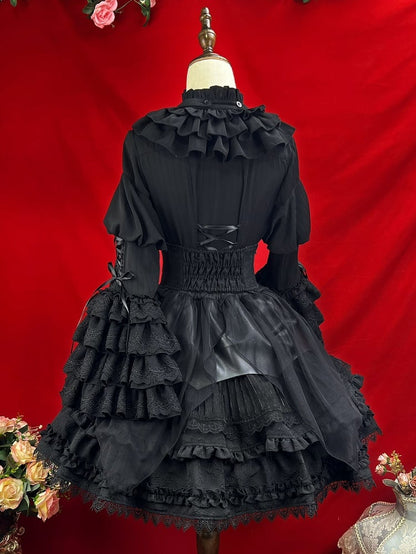 Black Ruffle Neckline Layered Bell Sleeves Kuro Gothic Lolita Shirt with Jabot Tie