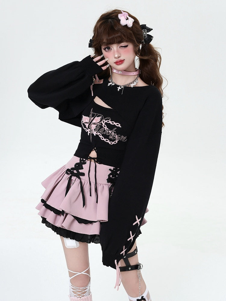 Lace-up Details at Waist Y2K Pink Tiered Skirt