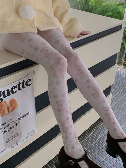 White Sweet Bear Heart Print Tights