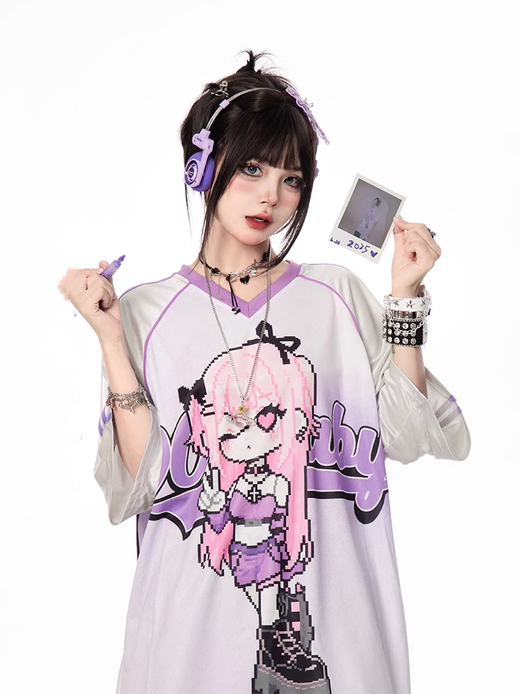 Vintage Cartoon Girl Print Black/Blue/Purple V-neck Loose T-shirt