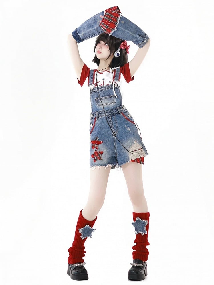 Blue Distressed Holes Raw Hem Plaid Star Appliques Denim Overall Shorts with Free Armwears