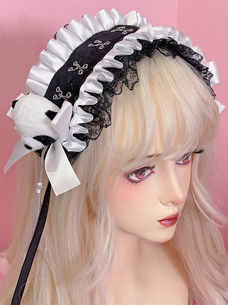 Black/White Jirai Kei Plush Panda Decorated Bowknot Details Ruffled Lace Trim Hairband with Tassels