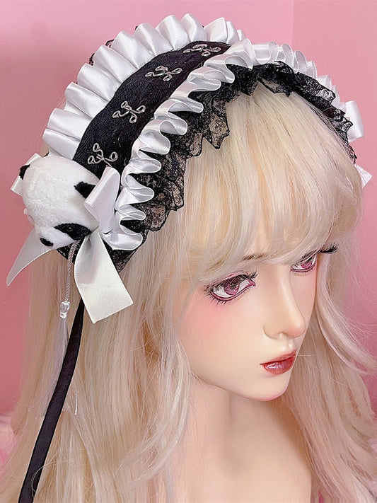 Black/White Jirai Kei Plush Panda Decorated Bowknot Details Ruffled Lace Trim Hairband with Tassels