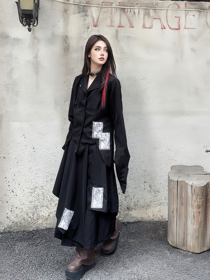 Black Punk Appliques Asymmetrical Layered Wide-Leg Pants