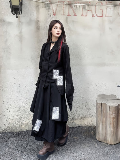 Black Notched Collar Bell Sleeves Punk Appliques Asymmetrical Shirt