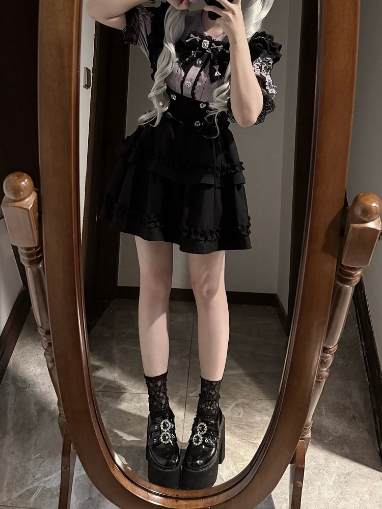 Purple Peter Pan Collar Blouse with Black Lace-up Waist Overall Skirt Jirai Kei Set