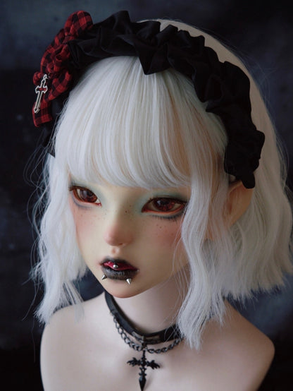 Black Ruffle Trim With Three Plaid Pattern Bowknots Cross Charm Design KC