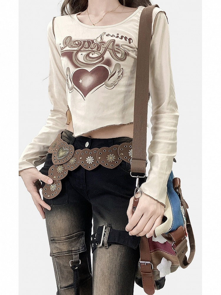 Apricot Bittersweet Print Design Asymmetrical Hen Long Sleeves Top