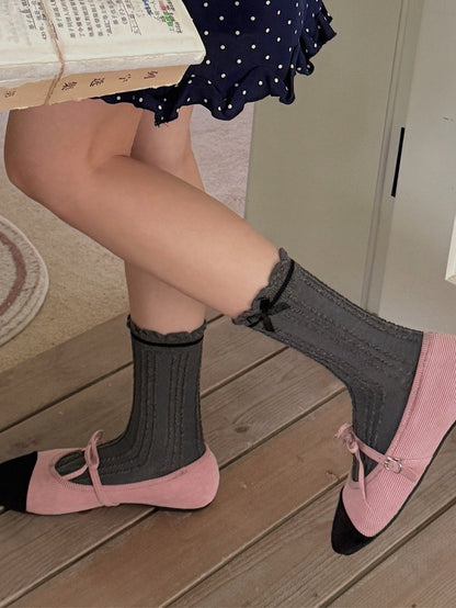 White/Beige/Light Grey/Dark Grey/Black Sweet Bowknot Ruffled Cuff Calf Socks